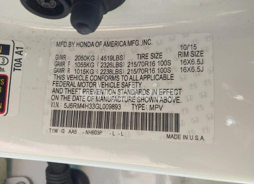 Photo 9 of 2016 Honda Cr-v LX (VIN 5J6RM4H33GL009893)