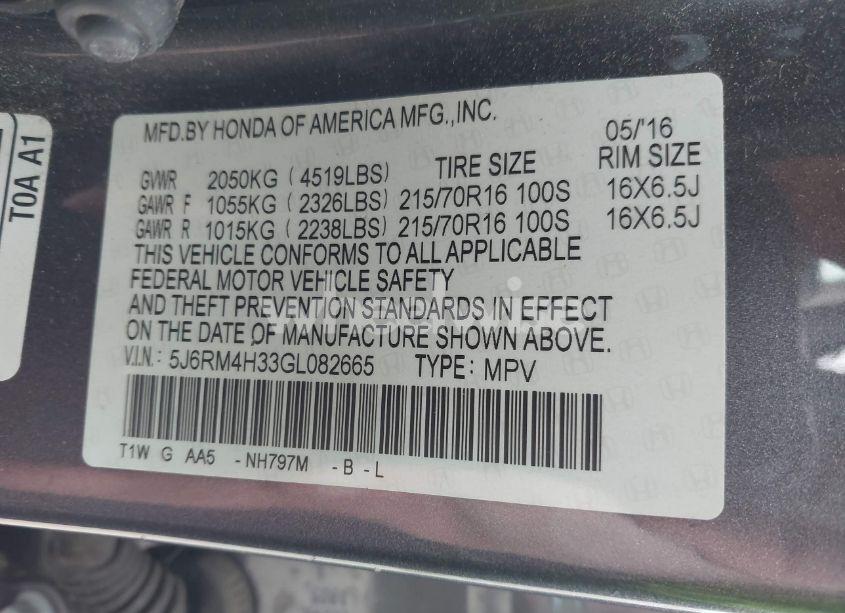 Photo 9 of 2016 Honda Cr-v LX (VIN 5J6RM4H33GL082665)