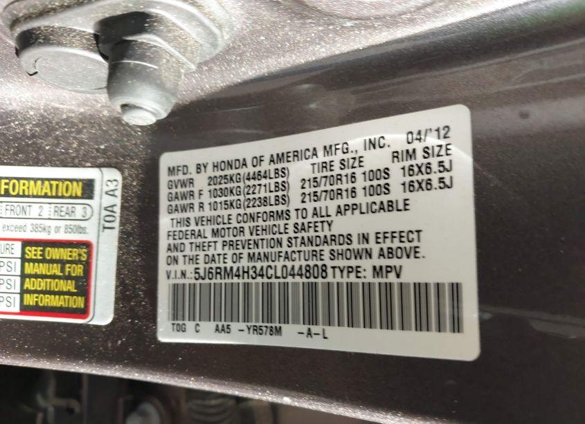 Photo 9 of 2012 Honda Cr-v LX (VIN 5J6RM4H34CL044808)