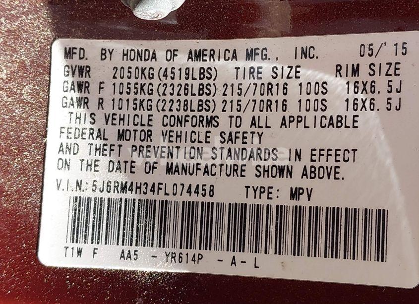 Photo 9 of 2015 Honda Cr-v LX (VIN 5J6RM4H34FL074458)