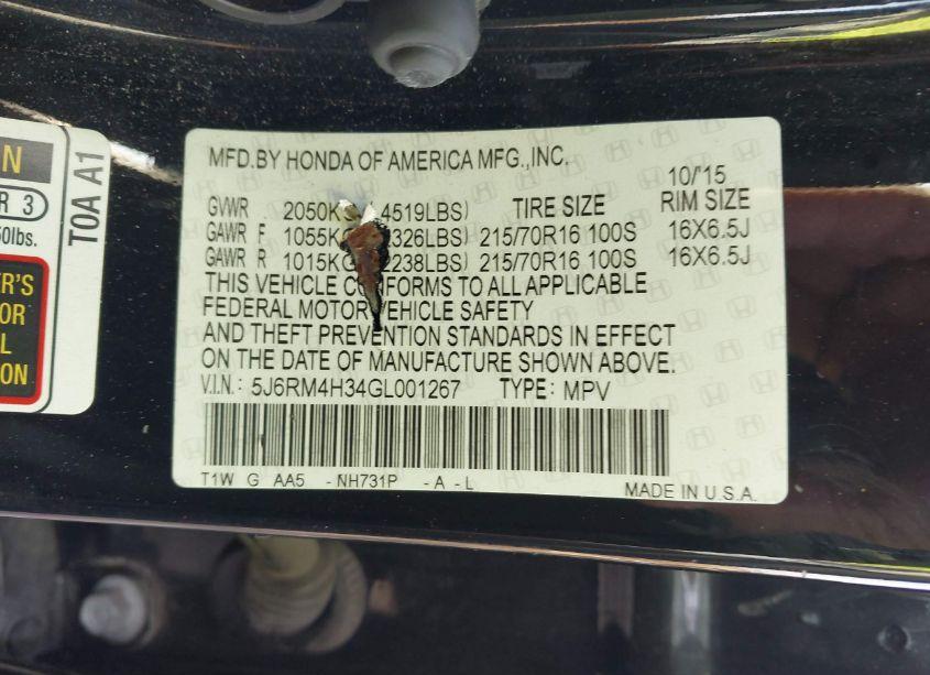 Photo 9 of 2016 Honda Cr-v LX (VIN 5J6RM4H34GL001267)