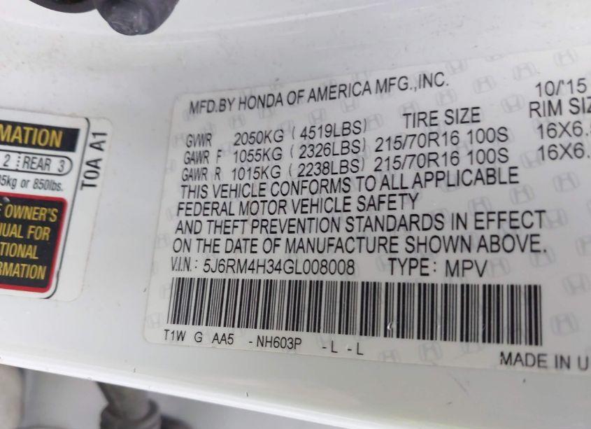 Photo 9 of 2016 Honda Cr-v LX (VIN 5J6RM4H34GL008008)