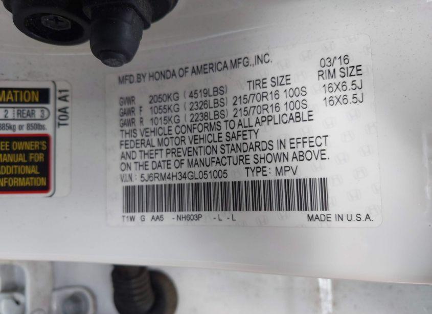 Photo 9 of 2016 Honda Cr-v LX (VIN 5J6RM4H34GL051005)