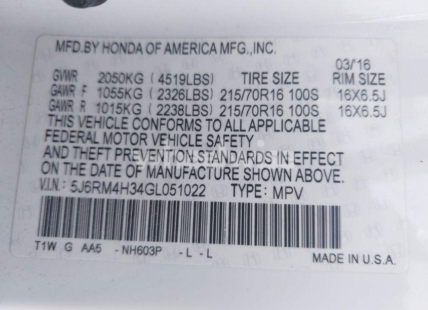 Photo 9 of 2016 Honda Cr-v LX (VIN 5J6RM4H34GL051022)
