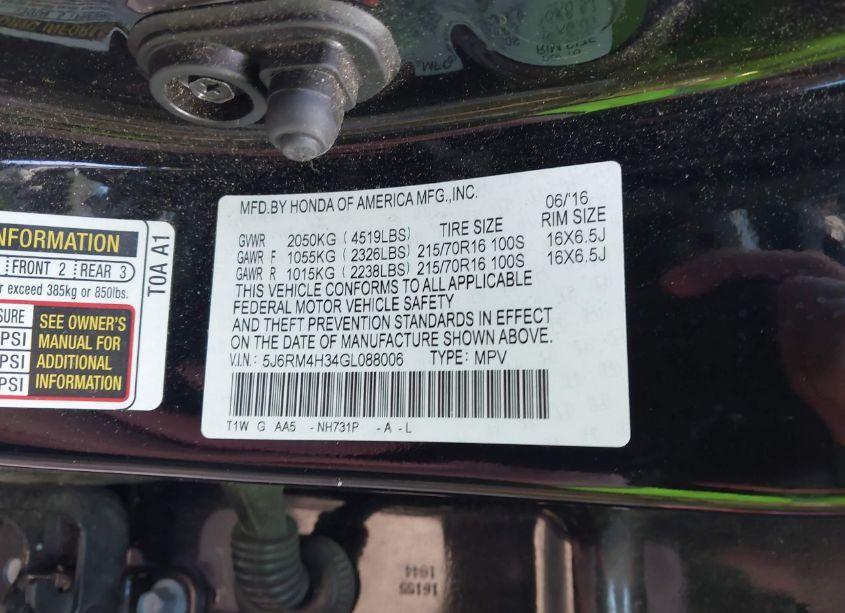 Photo 9 of 2016 Honda Cr-v LX (VIN 5J6RM4H34GL088006)