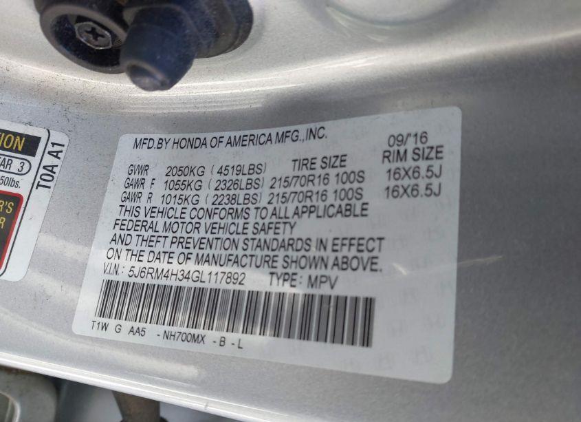 Photo 9 of 2016 Honda Cr-v LX (VIN 5J6RM4H34GL117892)