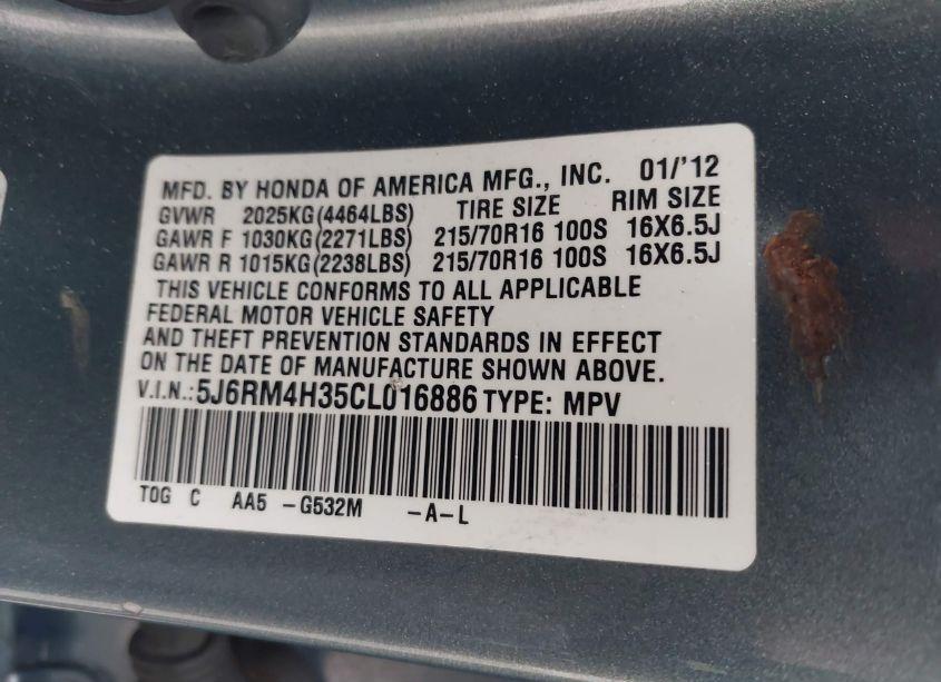 Photo 9 of 2012 Honda Cr-v LX (VIN 5J6RM4H35CL016886)