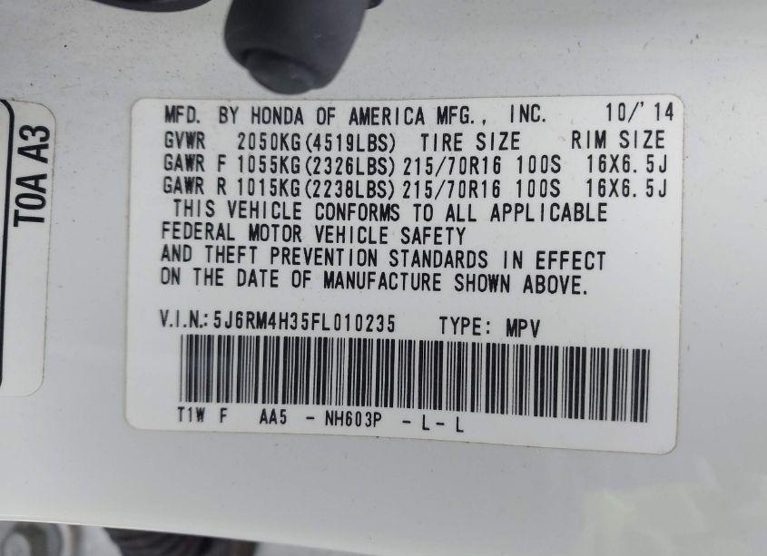 Photo 9 of 2015 Honda Cr-v LX (VIN 5J6RM4H35FL010235)