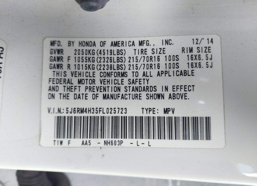 Photo 9 of 2015 Honda Cr-v LX (VIN 5J6RM4H35FL025723)