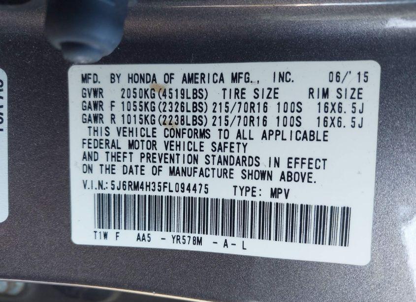 Photo 9 of 2015 Honda Cr-v LX (VIN 5J6RM4H35FL094475)