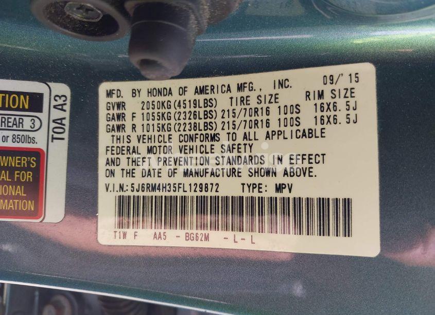 Photo 9 of 2015 Honda Cr-v LX (VIN 5J6RM4H35FL129872)