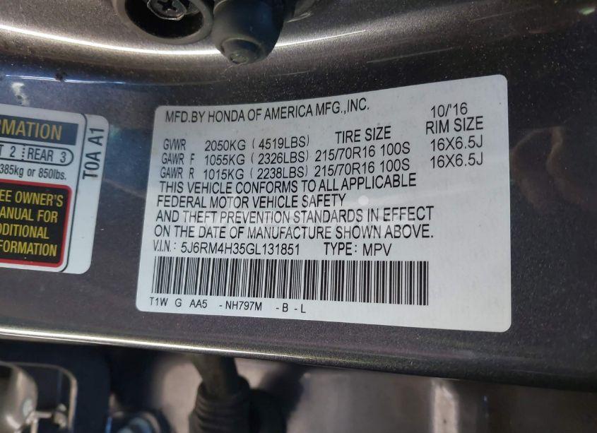 Photo 9 of 2016 Honda Cr-v LX (VIN 5J6RM4H35GL131851)