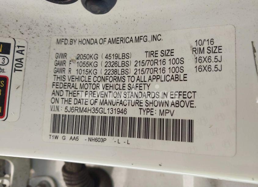 Photo 9 of 2016 Honda Cr-v LX (VIN 5J6RM4H35GL131946)