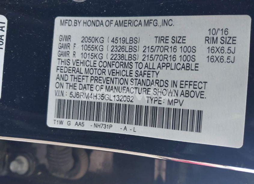 Photo 9 of 2016 Honda Cr-v LX (VIN 5J6RM4H35GL132062)