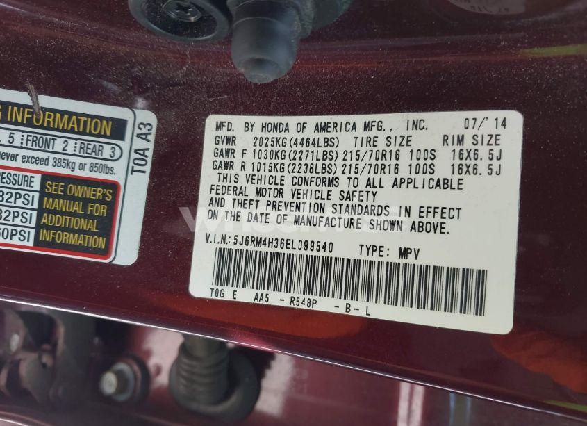 Photo 9 of 2014 Honda Cr-v LX (VIN 5J6RM4H36EL099540)