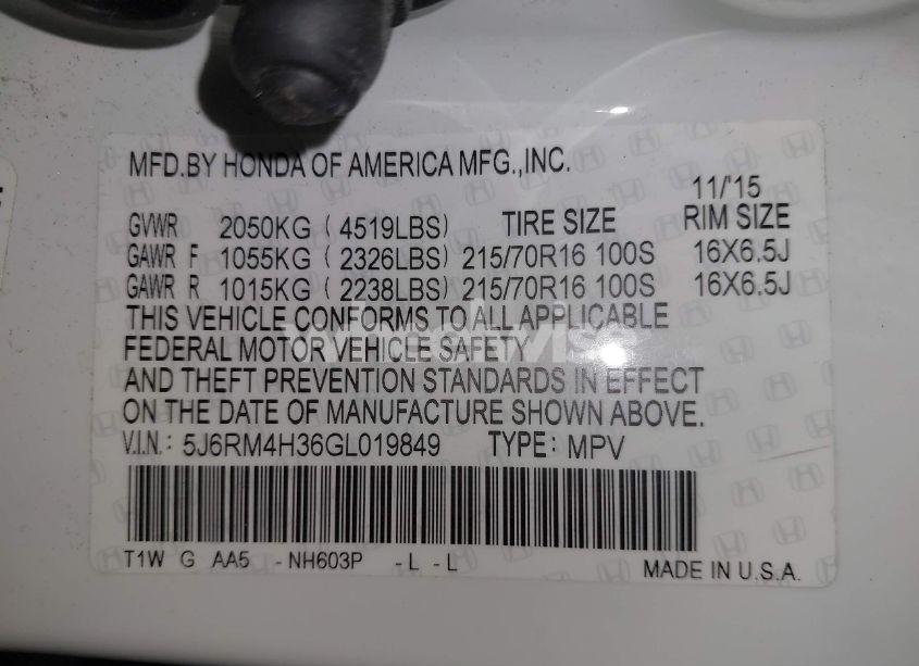 Photo 9 of 2016 Honda Cr-v LX (VIN 5J6RM4H36GL019849)