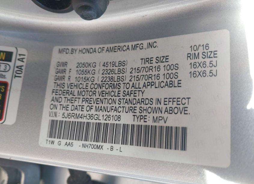 Photo 9 of 2016 Honda Cr-v LX (VIN 5J6RM4H36GL126108)