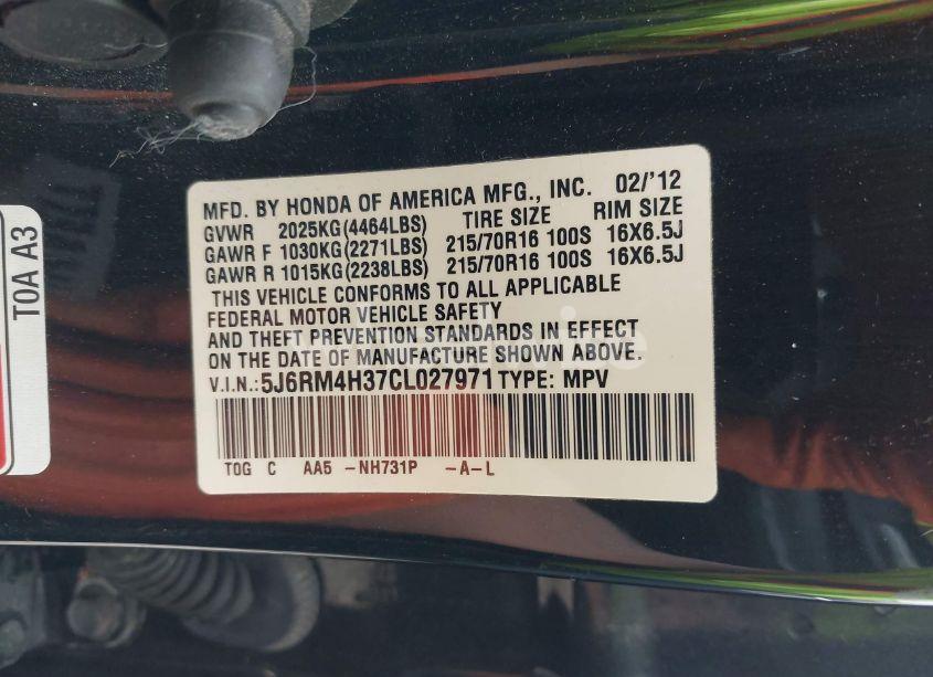 Photo 9 of 2012 Honda Cr-v LX (VIN 5J6RM4H37CL027971)