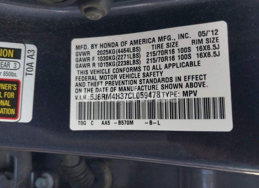 Photo 9 of 2012 Honda Cr-v LX (VIN 5J6RM4H37CL059478)