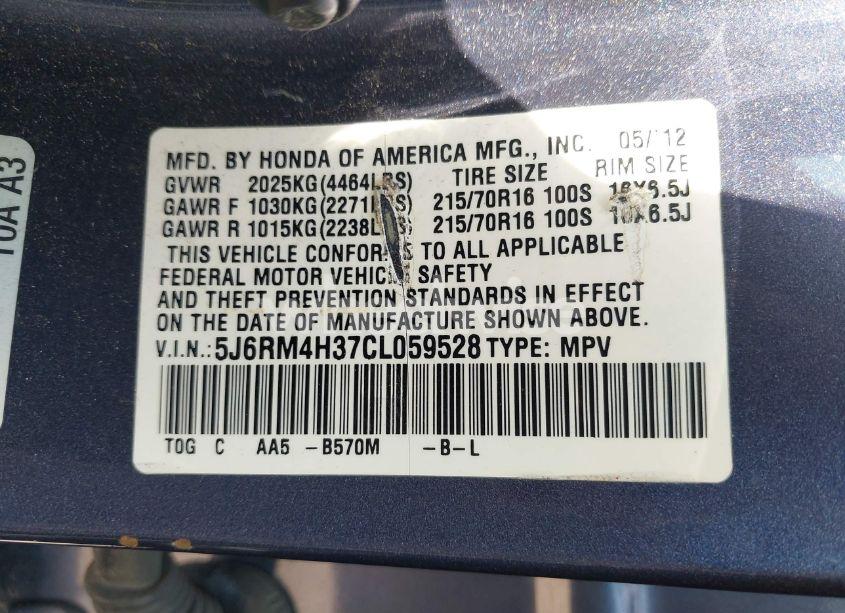 Photo 9 of 2012 Honda Cr-v LX (VIN 5J6RM4H37CL059528)