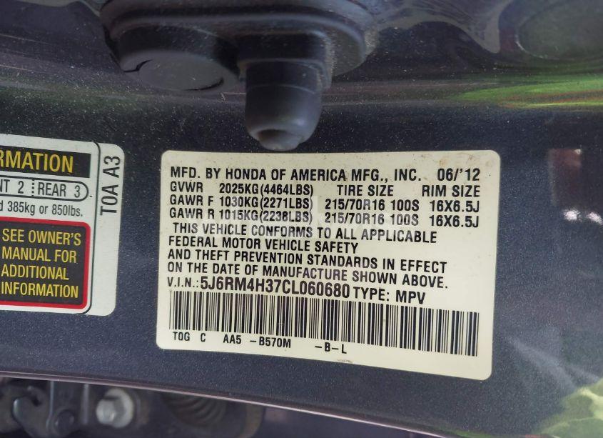 Photo 9 of 2012 Honda Cr-v LX (VIN 5J6RM4H37CL060680)