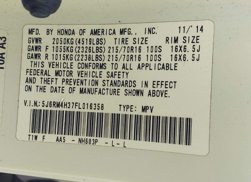 Photo 9 of 2015 Honda Cr-v LX (VIN 5J6RM4H37FL016358)