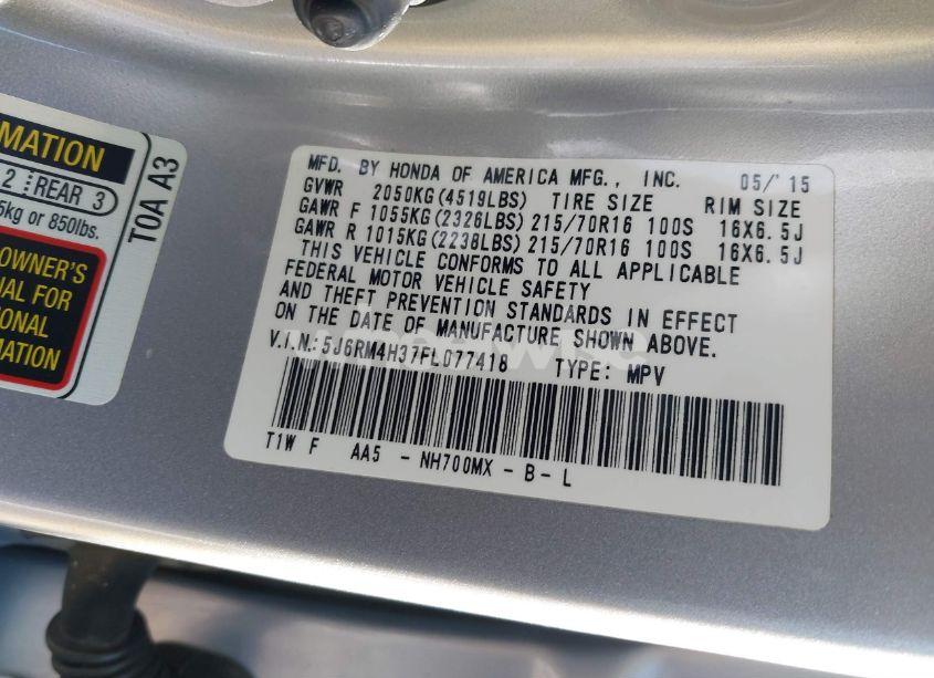 Photo 9 of 2015 Honda Cr-v LX (VIN 5J6RM4H37FL077418)