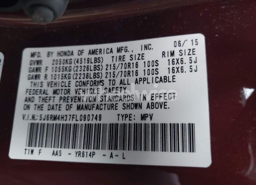 Photo 9 of 2015 Honda Cr-v LX (VIN 5J6RM4H37FL090749)