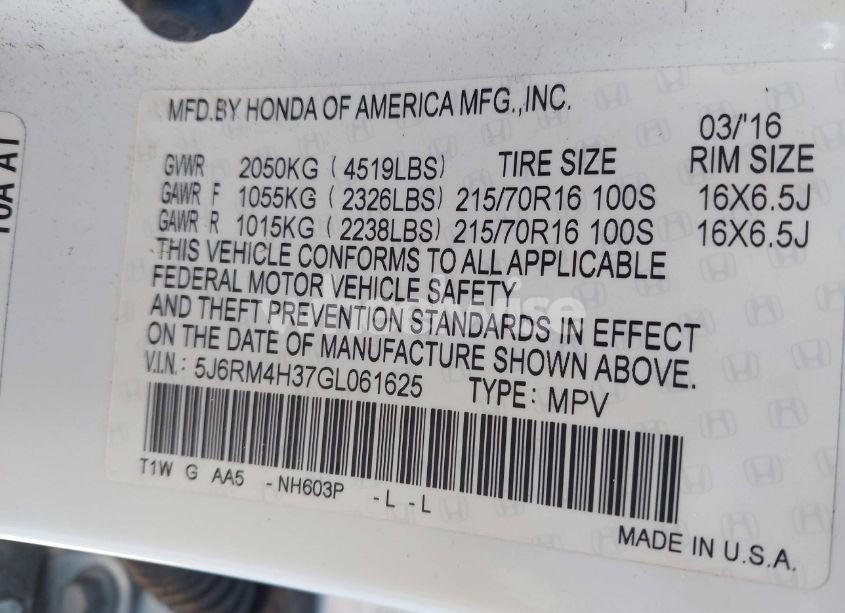 Photo 9 of 2016 Honda Cr-v LX (VIN 5J6RM4H37GL061625)