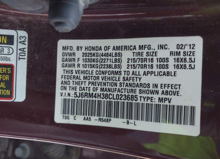 Photo 9 of 2012 Honda Cr-v LX (VIN 5J6RM4H38CL023685)