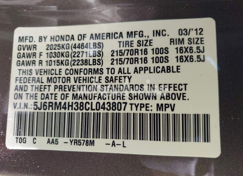 Photo 9 of 2012 Honda Cr-v LX (VIN 5J6RM4H38CL043807)