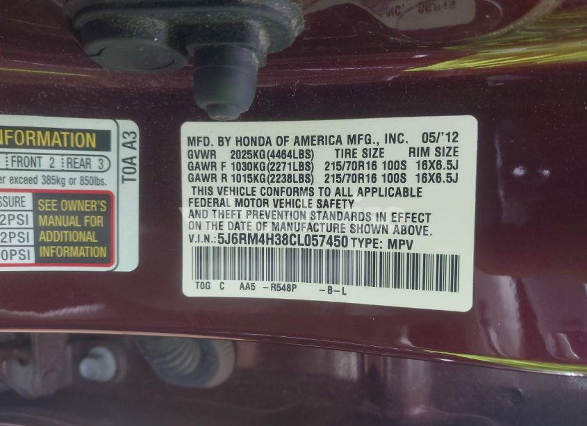 Photo 9 of 2012 Honda Cr-v LX (VIN 5J6RM4H38CL057450)