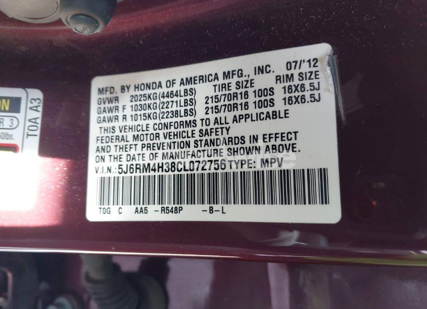 Photo 9 of 2012 Honda Cr-v LX (VIN 5J6RM4H38CL072756)