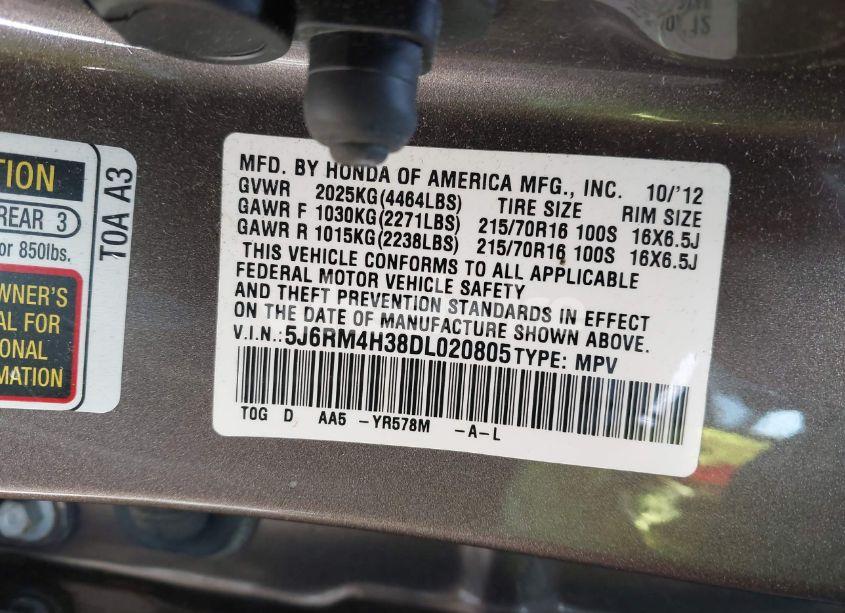 Photo 9 of 2013 Honda Cr-v LX (VIN 5J6RM4H38DL020805)