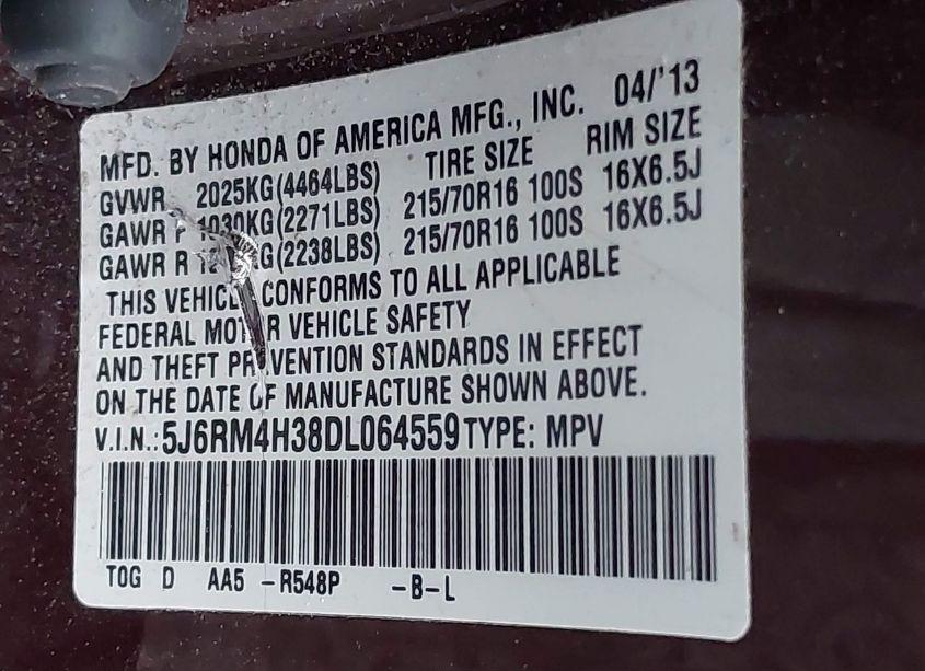 Photo 9 of 2013 Honda Cr-v LX (VIN 5J6RM4H38DL064559)