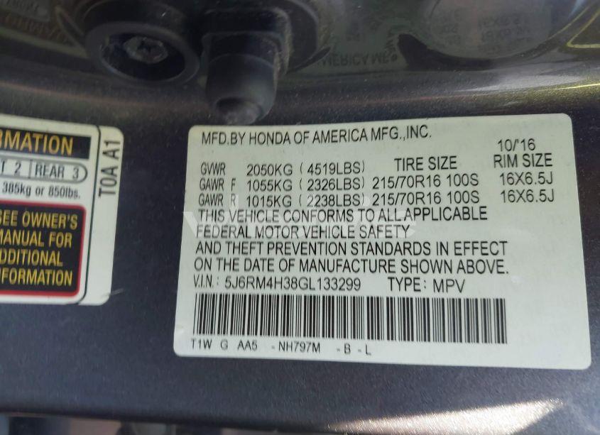 Photo 9 of 2016 Honda Cr-v LX (VIN 5J6RM4H38GL133299)