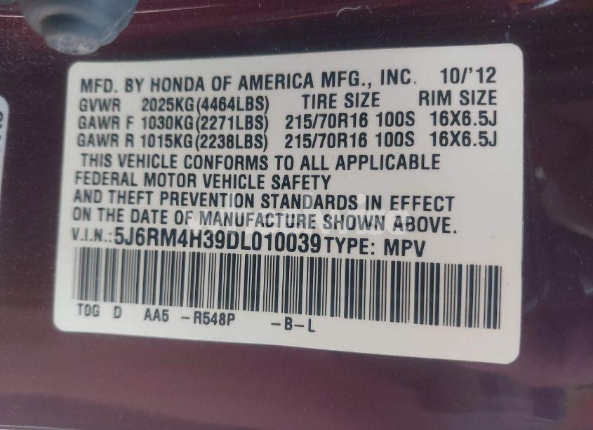 Photo 9 of 2013 Honda Cr-v LX (VIN 5J6RM4H39DL010039)