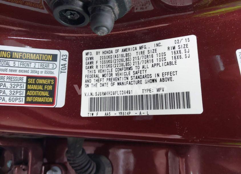 Photo 9 of 2015 Honda Cr-v LX (VIN 5J6RM4H39FL038491)