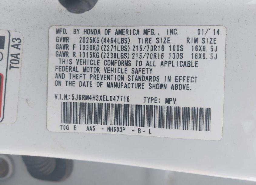 Photo 9 of 2014 Honda Cr-v LX (VIN 5J6RM4H3XEL047716)