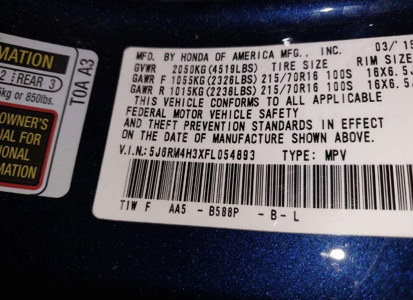 Photo 9 of 2015 Honda Cr-v LX (VIN 5J6RM4H3XFL054893)