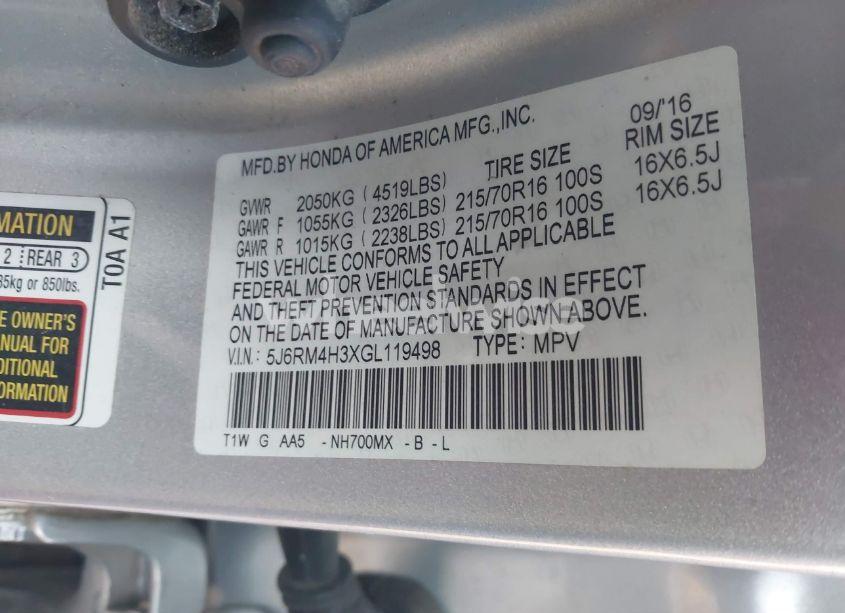 Photo 9 of 2016 Honda Cr-v LX (VIN 5J6RM4H3XGL119498)