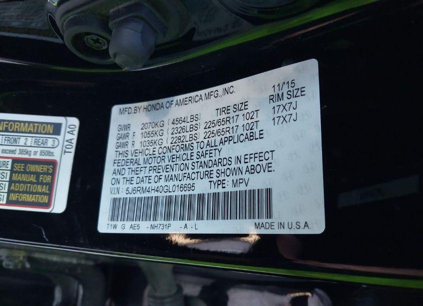 Photo 9 of 2016 Honda Cr-v SE (VIN 5J6RM4H40GL016695)