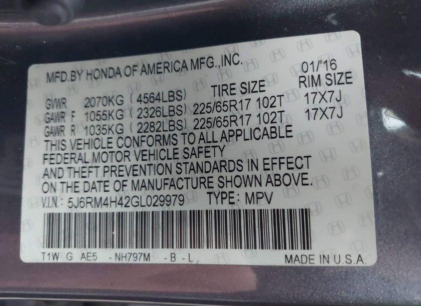 Photo 9 of 2016 Honda Cr-v SE (VIN 5J6RM4H42GL029979)