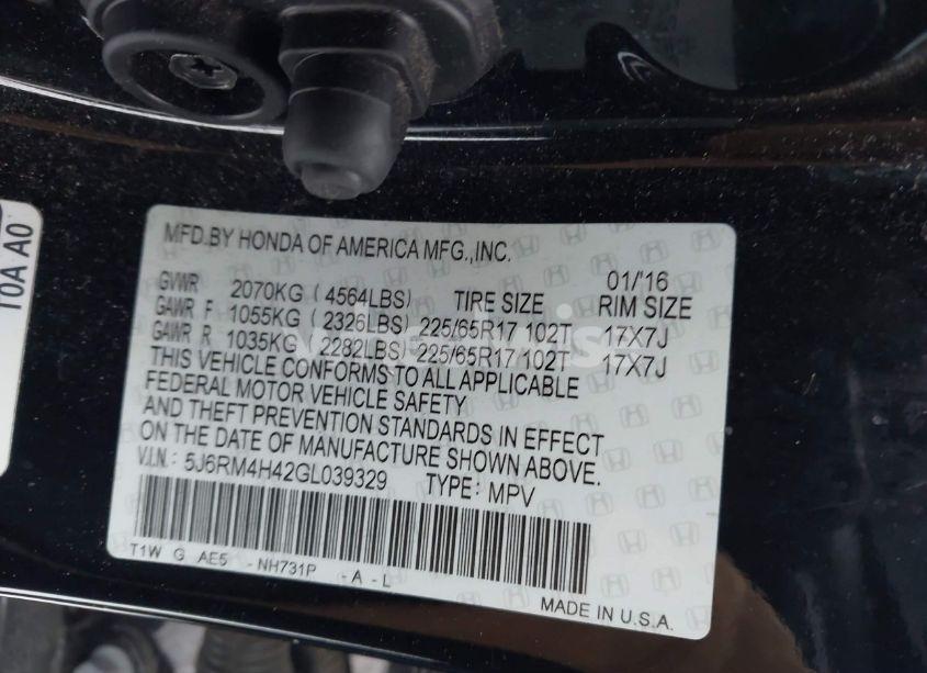 Photo 9 of 2016 Honda Cr-v SE (VIN 5J6RM4H42GL039329)