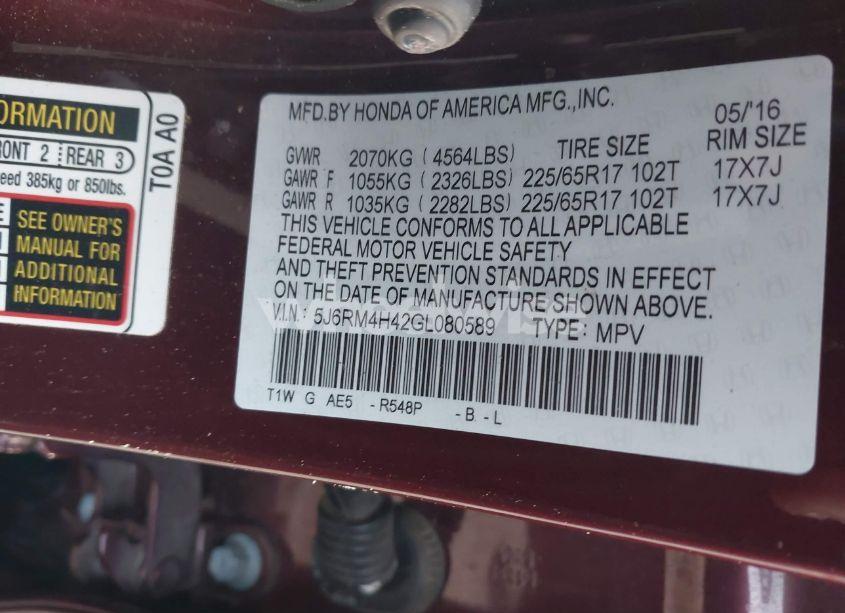 Photo 9 of 2016 Honda Cr-v SE (VIN 5J6RM4H42GL080589)