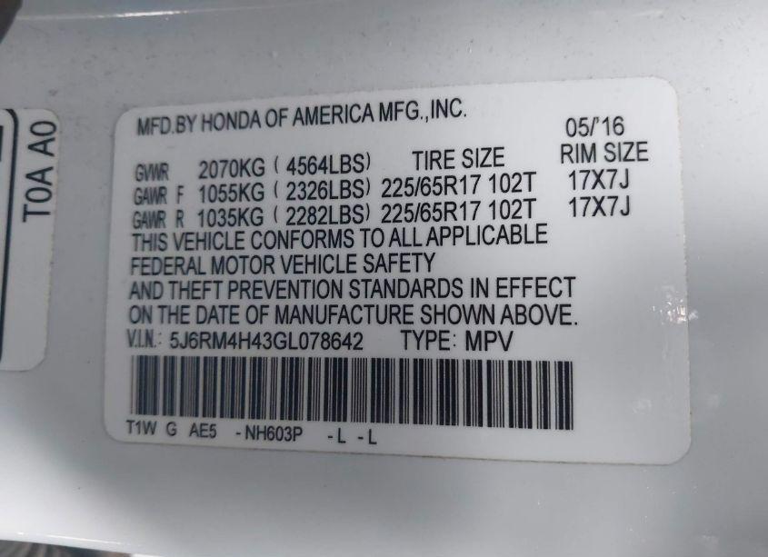 Photo 9 of 2016 Honda Cr-v SE (VIN 5J6RM4H43GL078642)