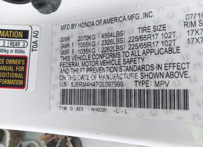 Photo 9 of 2016 Honda Cr-v SE (VIN 5J6RM4H47GL097999)