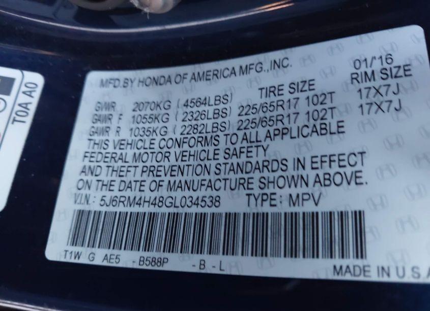 Photo 9 of 2016 Honda Cr-v SE (VIN 5J6RM4H48GL034538)