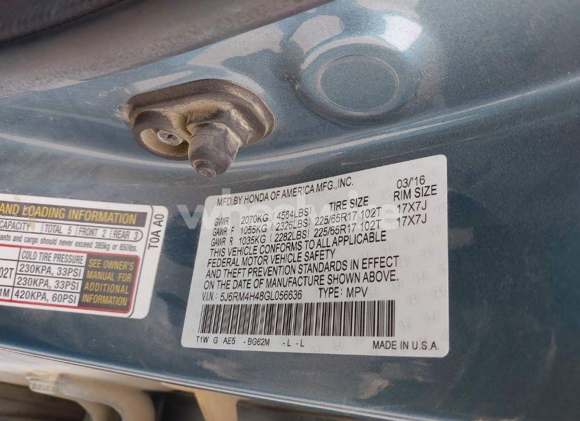 Photo 9 of 2016 Honda Cr-v SE (VIN 5J6RM4H48GL056636)