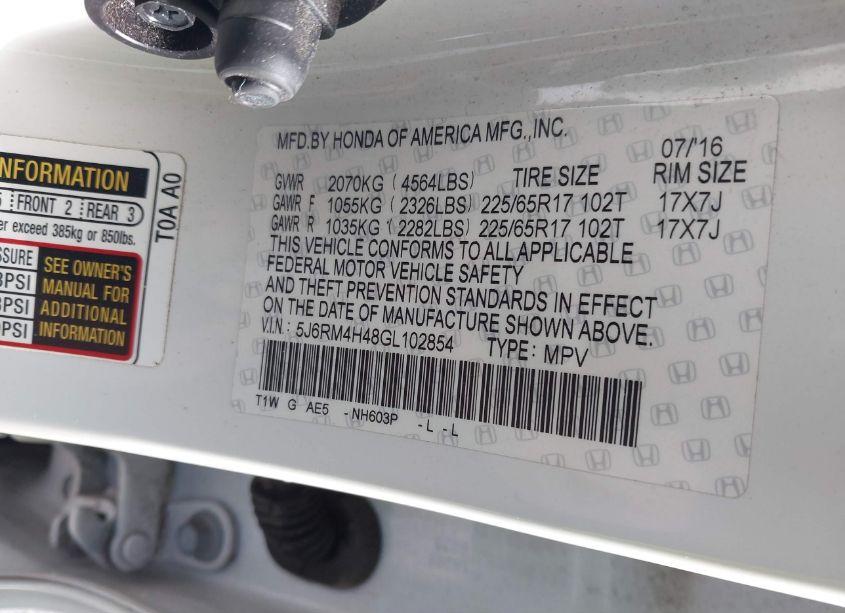 Photo 9 of 2016 Honda Cr-v SE (VIN 5J6RM4H48GL102854)